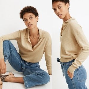 Madewell Polo Sweater EUC tan beige camel collar cropped 100% merino wool